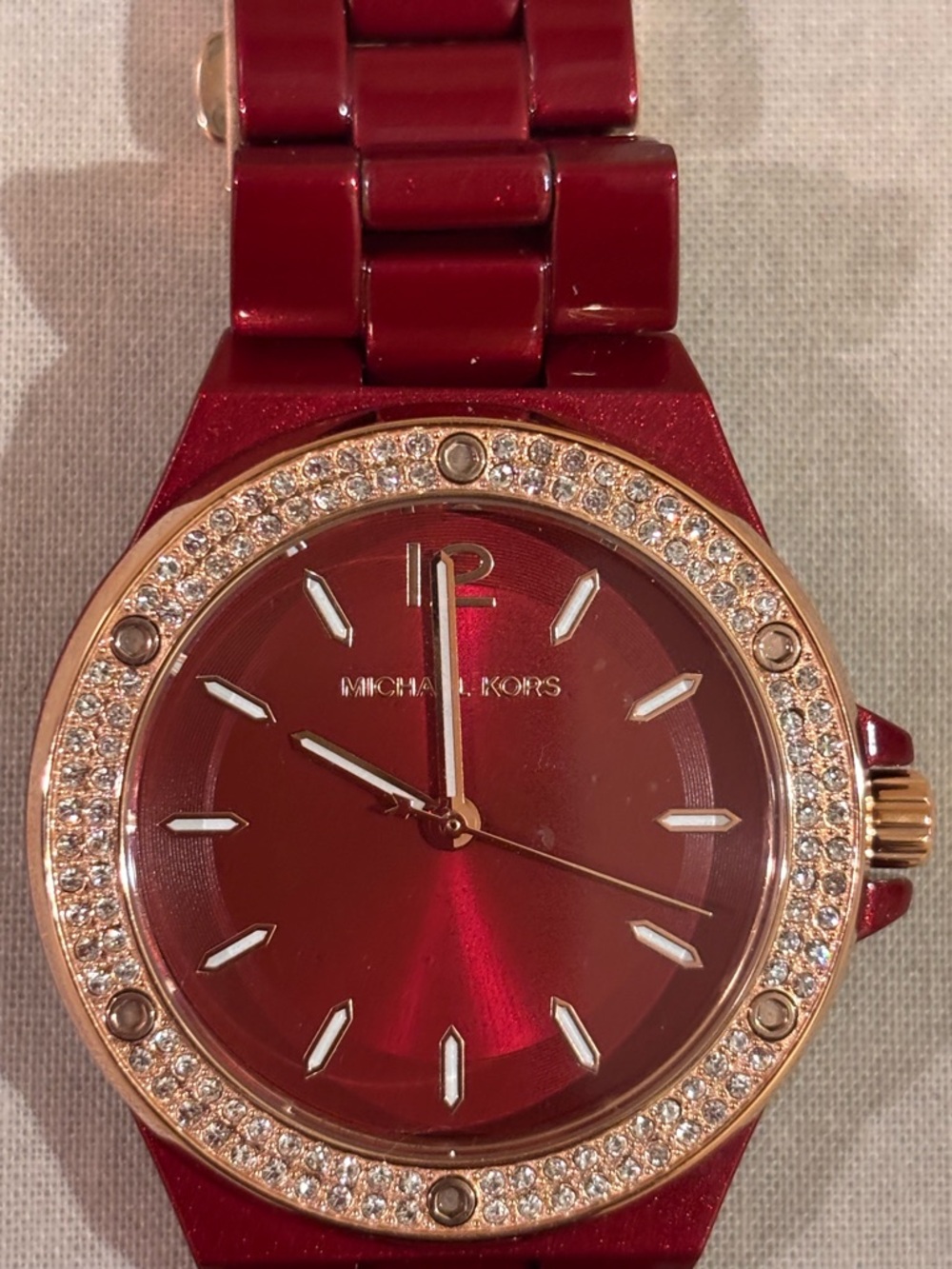 Michael Kors Red and Rose Gold Crystal-Accented Women's Watch